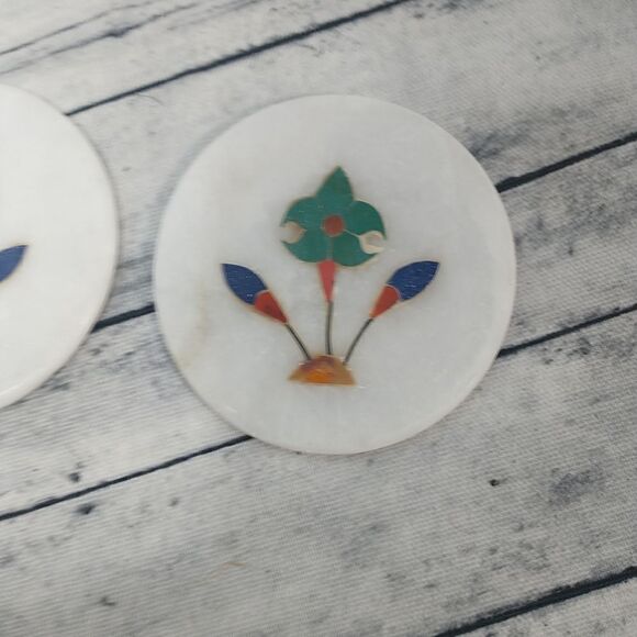 6PC Flower Mosaic Beautiful White Granite Coaster 3” Coaster Damaged As Shown. - Picture 4 of 10